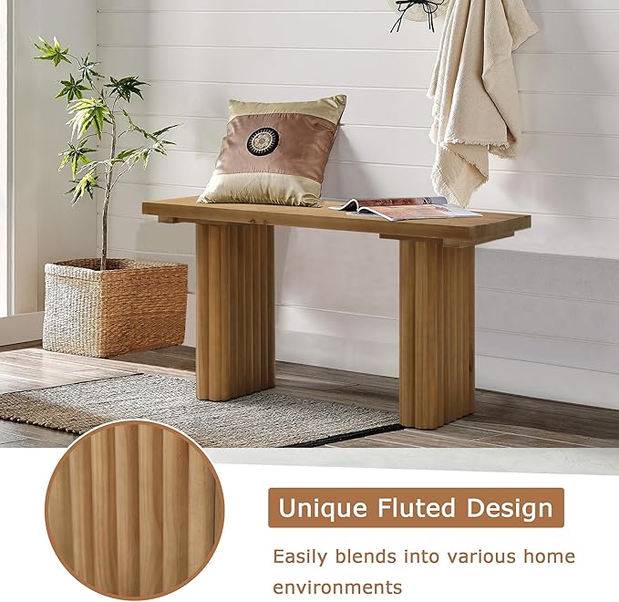 Solid Wood Entryway Bench - 31.5" Fluted Farmhouse Small Bench Indoor Dining Benches Seat Narrow for Entry Way, Kitchen, Living Room and Bedroom, Brown