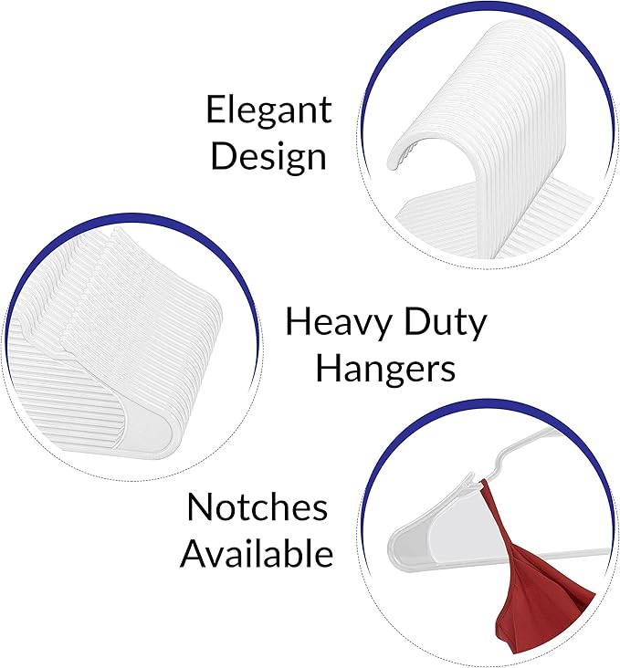 Royale Linens 40 Pack White Plastic Hangers for Clothes - Heavy Duty Clothes Hanger for Everyday Use - Lightweight & Space Saving Notched Plastic Hangers
