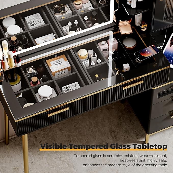 47.24" Big Modern Vanity Desk with Mirror and Lights, Vanity Desk with 29.53" HD Lighted Mirror, Makeup Vanity with 5 Drawers and Storage Shelves and Charging Station, Black2