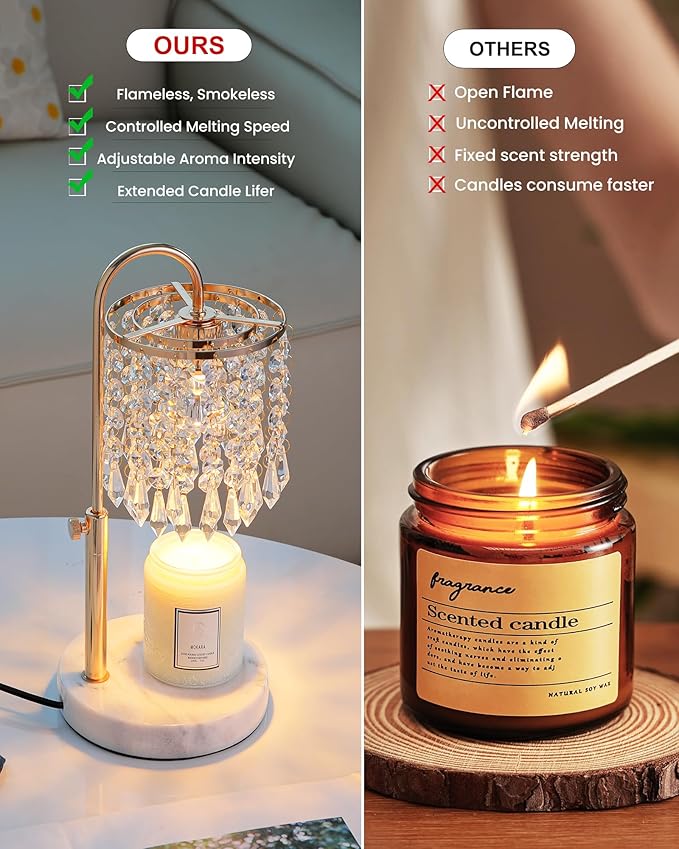 Candle Warmer Lamp with Timer Dimmer and 3 Bulbs, Lamp Candle Warmer with Marble Base for Adjustable Height, Crystal Candle Warmer Lamp for Jar Candles, House Warming Decor Gifts, French Gold