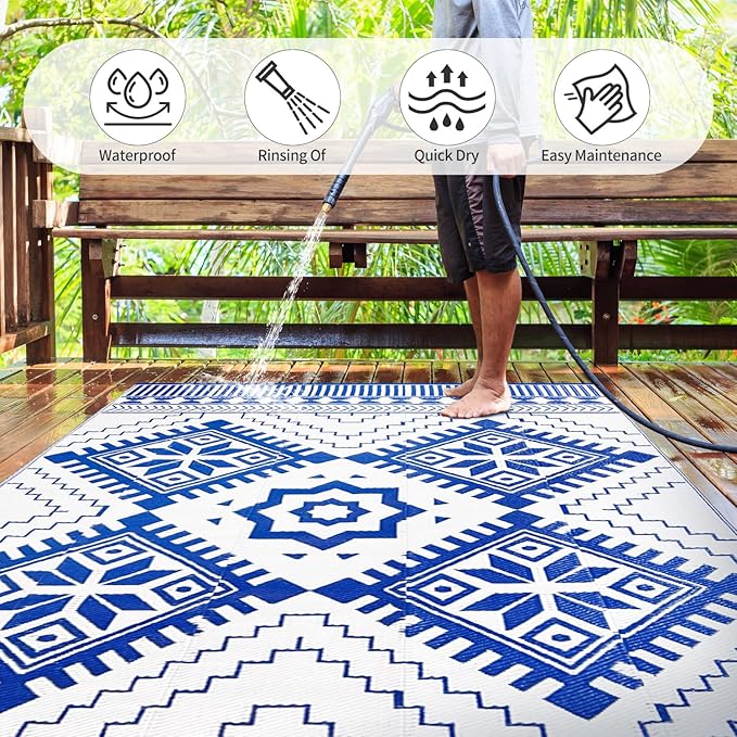 Waterproof Outdoor Rug 6x9ft, Boho Reversible Plastic Straw Mat for Patio RV Deck Porch Backyard Balcony Camping Picnic Beach Indoor Outdoor Carpet, Blue&White