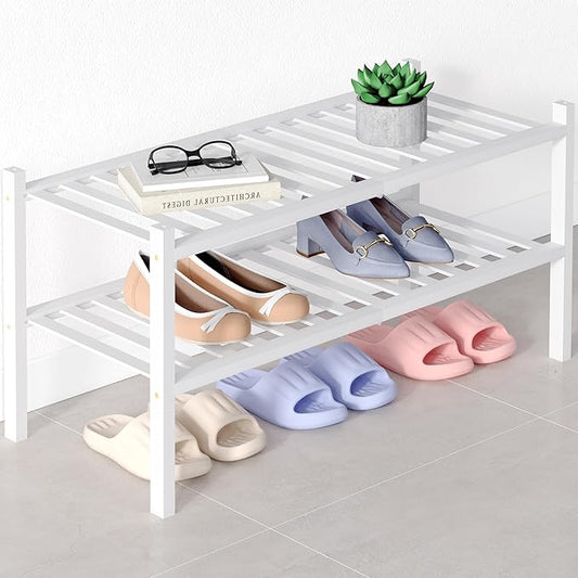 Smiry Bamboo Shoe Rack for Closet, 2 Tier Wooden Stackable Shoe Organizer, Free Standing Shoes Storage Shelf for Entryway, Front Door Entrance, White