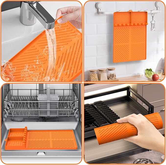 Silicone Griddle Tools Mat for Blackstone, Griddle Accessories Side Shelf Mat Grill Pad for Outdoor Grill Kitchen Counter Spatula Silicone Mat with Drip Pad (Orange (2Packs))
