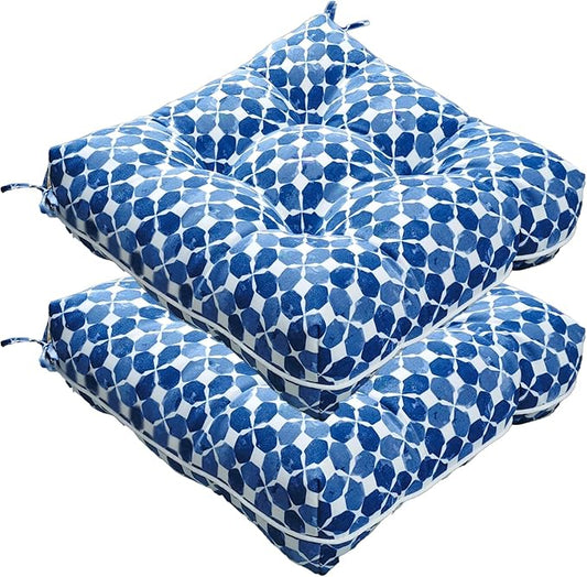 JMGBird Outdoor Chair Cushions, Pack of 2 Patio Seat/Back Cushions 19" x 19" with Ties for Patio Furniture Chairs Home Garden Decoration (Blue Black with Plaid)