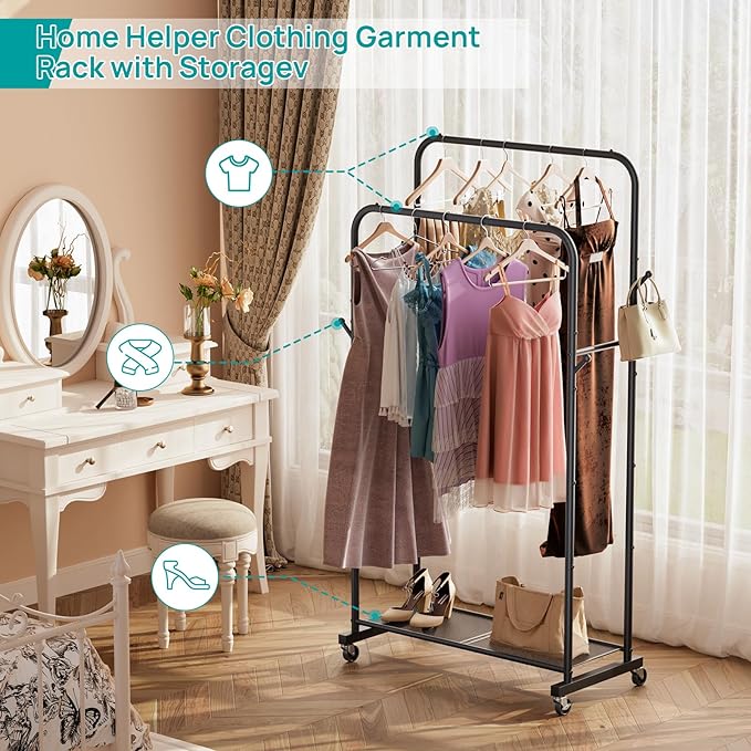 SINGAYE Clothes Rack Garment Clothing Hanger：Coat Rack Metal Double Bar Freestanding for Hanging Clothes Portable With Wheels Rolling Closet for Laundry Bedroom Drying Black