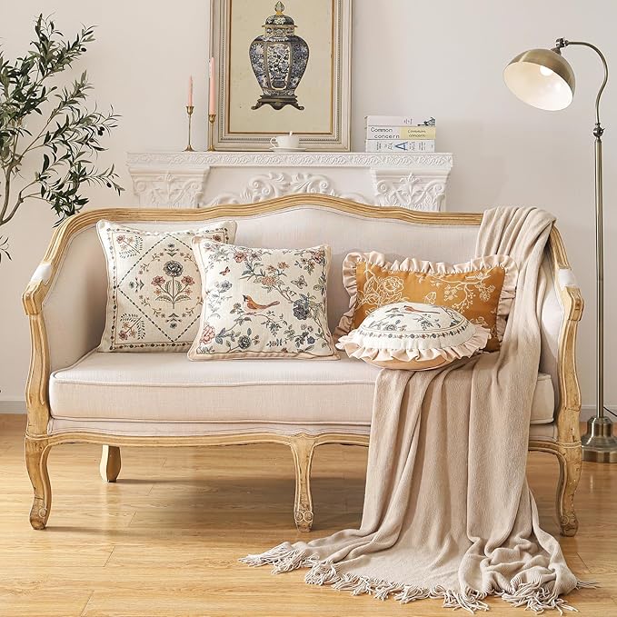 Design Square Floral Bird Linen Throw Pillow Covers 18"x18" Pack of 2, Yellow Pink Cushion Covers with Flower Chinese Hwamei Decor Pillowcases for Bed,Living Room,Outdoor,Car