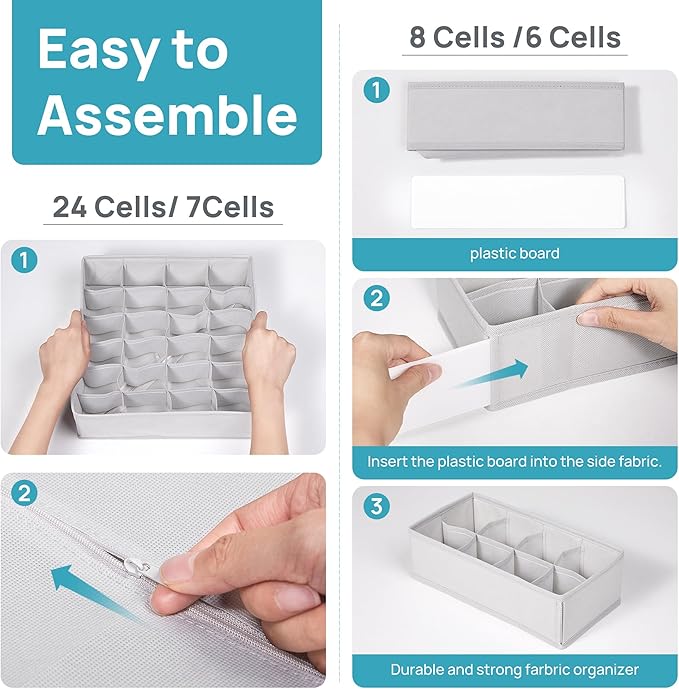 Vtopmart 4 Pack Underwear Drawer Organizers Set, 6+7+8+24 Cells Clothes Drawer Dividers Dresser Organizers Bins for Socks, Bras, Scarves, Ties, Non-Woven Fabric Storage Boxes for Closet, Nursery