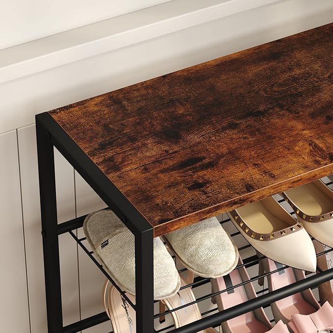 Yusong Shoe Rack Organizer, 3 Tier Industrial Shoe Storage Shelf for Closet Entryway, Narrow Sturdy Metal Shoe Shelves, Rustic Brown