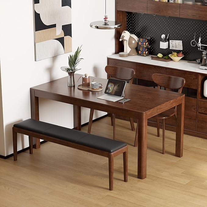 55.1'' Leather Upholstered Dining Bench with 100% Solid Oak Wood Bench Frame, 13.8'' Widened Padded Bed End Bench Ottoman for Kitchen Living Room Bedroom Entryway, Black