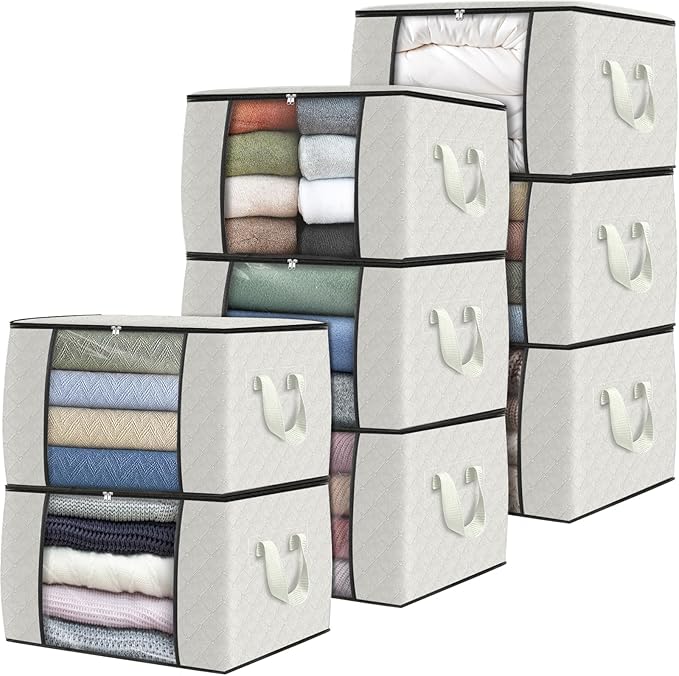 Fab totes 8 Pack Clothes Storage, Foldable Thick Fabric Blanket Storage Bags, Containers for Organizing Bedroom, Closet, Clothing, Comforter,Organization with Handle,Ivory White