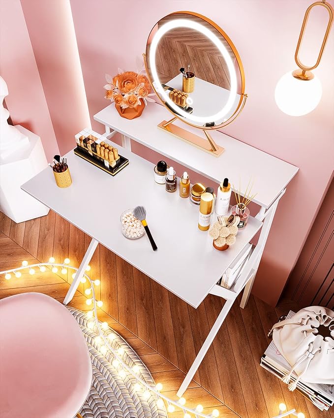 ODK Small Computer Desk, 27.5 inch Desk for Small Spaces with Storage, Compact Table with Monitor & Storage Shelves for Home Office, Modern Style Laptop Desk, Pure White