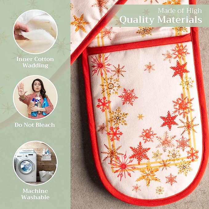 Maison d' Hermine Double Oven Mitt (7" x 35") 100% Cotton Heat Resistant BBQ Cooking Gloves with Loop for Thanksgiving Christmas Decorations Baking Cooking Barbeque Handling Hot Pan (Crystal Star)