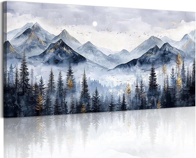 SERIMINO Mountain Landscape Large Wall Art, Misty Forest Canvas Prints, Blue Gold Watercolor Pine Tree Paintings Wall Decor Living Room Bedroom, Natural Scenery Office Decor Pictures 20"X40"
