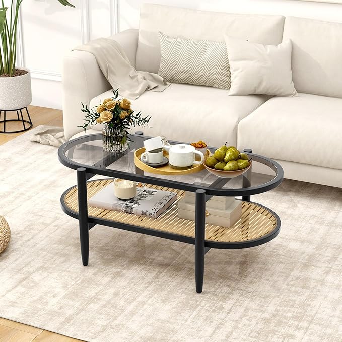 MAT EXPERT Rattan Coffee Table, 2 Tier Boho Oval Living Room Table w/Glass Tabletop Wood Frame & Storage Shelf, 40’’L Mid Century Modern Tea Table, Center Table for Living Room Home Office, Black