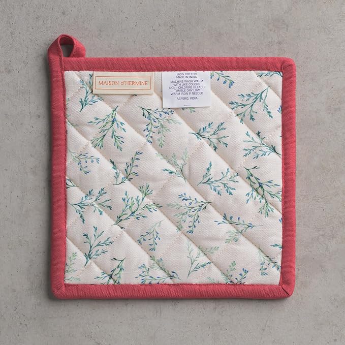 Maison d' Hermine Pot Holders Set 100% Cotton Heat Resistant Potholders 8" x 8" Hot Pads with Loop for Thanksgiving Christmas Decorations BBQ Cooking Baking Handling Hot Pans (Pack of 2, Holly Time)