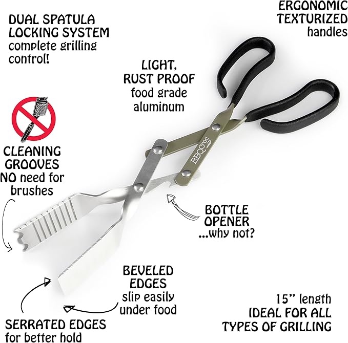 BBQ Croc 3-in-1 Barbecue Tool 15-inch - Pack of 2 - Extra Light Tongs, Spatula and Grill Scraper (Green) (15 inch Without Flashlight)