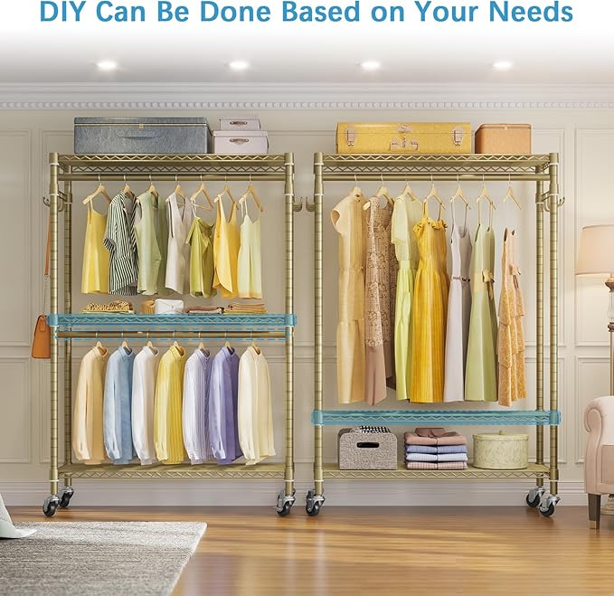 VIPEK R2 Plus Rolling Clothes Rack for Hanging Clothes Heavy Duty Garment Rack 3 Tiers Adjustable Wire Shelving Clothing Racks with Double Hanging Rods, Closet Organizers and Storage, Gold