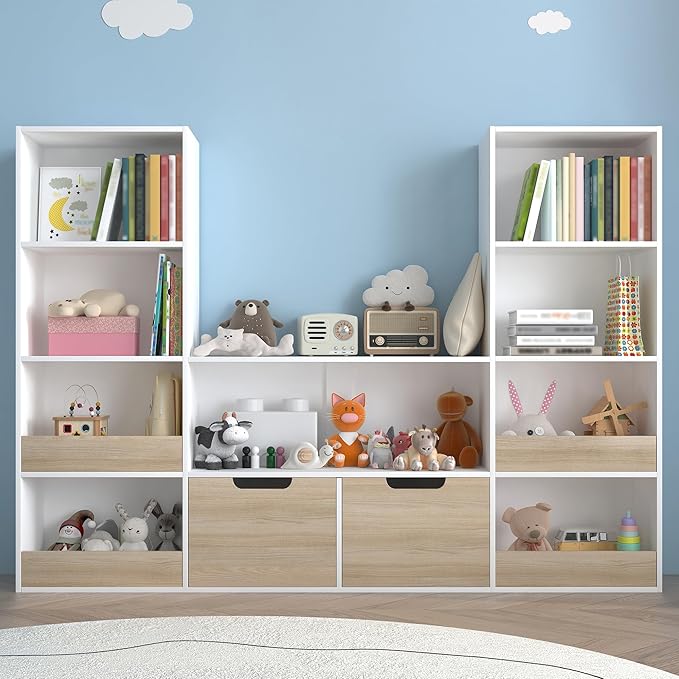 Kids Bookshelf and Toys Storage Organizer - 4 Tier Bookcase for Kids Room, 9 Cube Toys Bookshelf with 2 Drawers,Book Shelf for Living Room Playroom for Children,Toddlers, Gifts,Oak & White