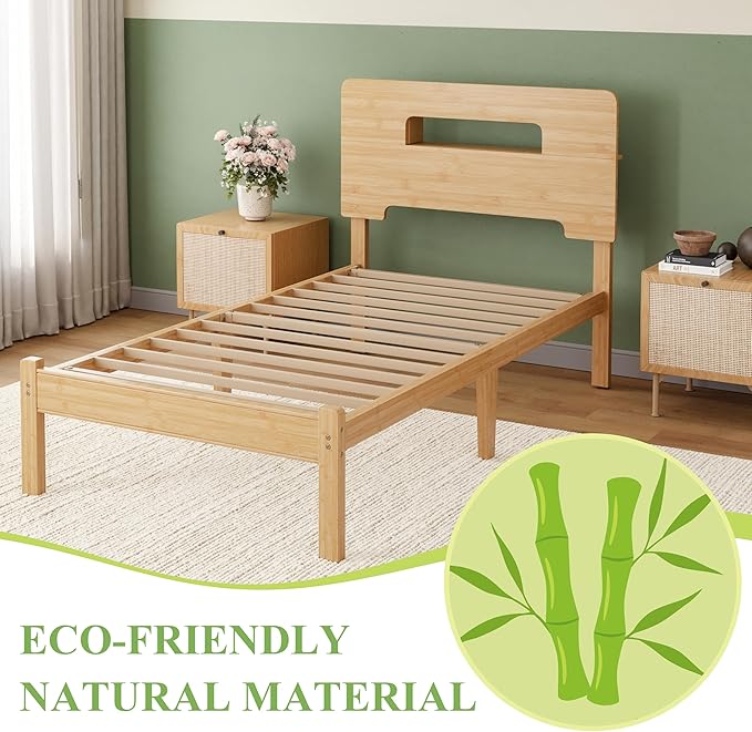 ZIYOO Solid Bamboo Wood Bed Frame Twin with Storage Headboard, 14 inch Platform Bed Frame Twin Size No Box Spring Needed with Steel Slats, Sturdy and Stable, Easy Assembly, Noise Free