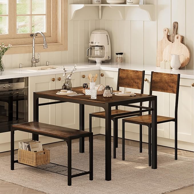 Shahoo Kitchen Table and 2 Chairs for 4 with Bench, 4 Piece Dining Sets for Small Space, Rust Brown