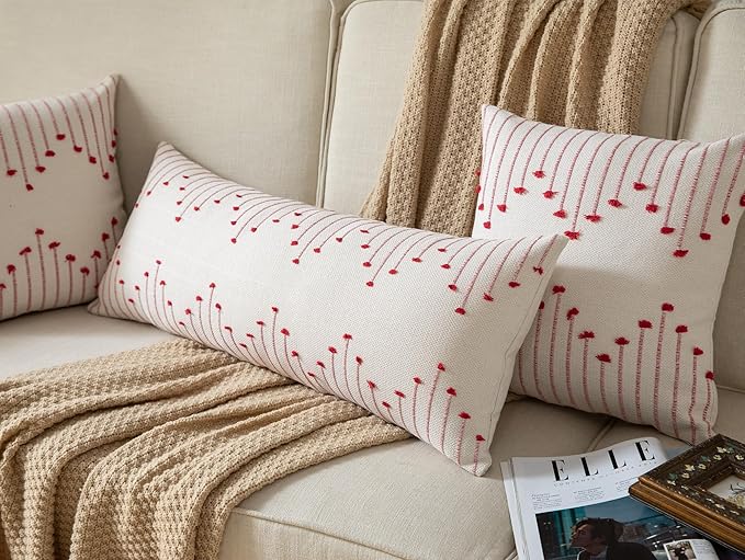 Christmas Lumbar Pillow Cover 14x36 Long Pack of 1 Decorative Pillows Bed, Beige with Red Body Throw Pillow Covers, for Modern Farmhouse Sofa Bedroom Living Room Home Decor Couch Pillowcase