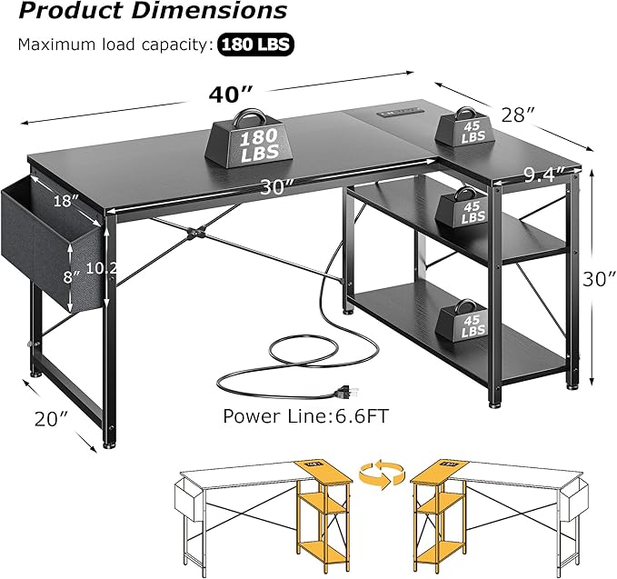 EnHomee Small Computer Desk with Storage Shelves & Side Bag, 40 Inch L Shaped Gaming Desk with Power Outlets, Corner Desk Study Writing Table for Home Office Bedroom Living Room, Black