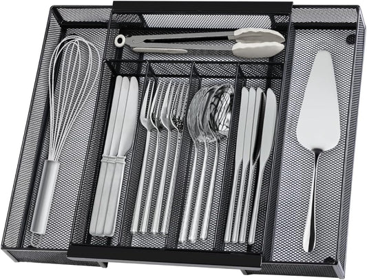 Silverware Organizer Metal Mesh, Drawer Organizer, Utensil Cutlery Tray for kitchen drawers,Expandable Flatware Organizer with 7 Compartment Black 9.4"~17.3" x 13.7"