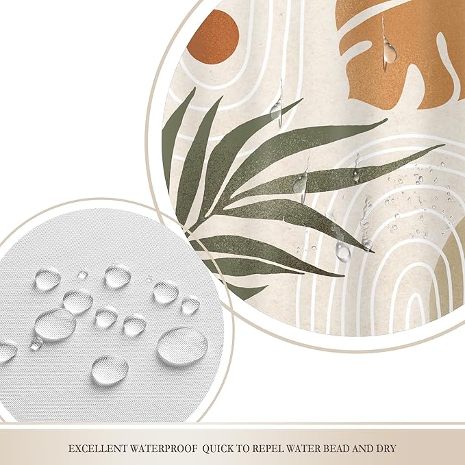 Glawry Beige Green Boho Shower Curtain Mid Century Abstract Plant Tropical Palm Leaf Modern Minimalist Arch Geometric Bathroom 60Wx72L Inches Bath Accessories Art Home Decor Fabric 12 Pack Hooks
