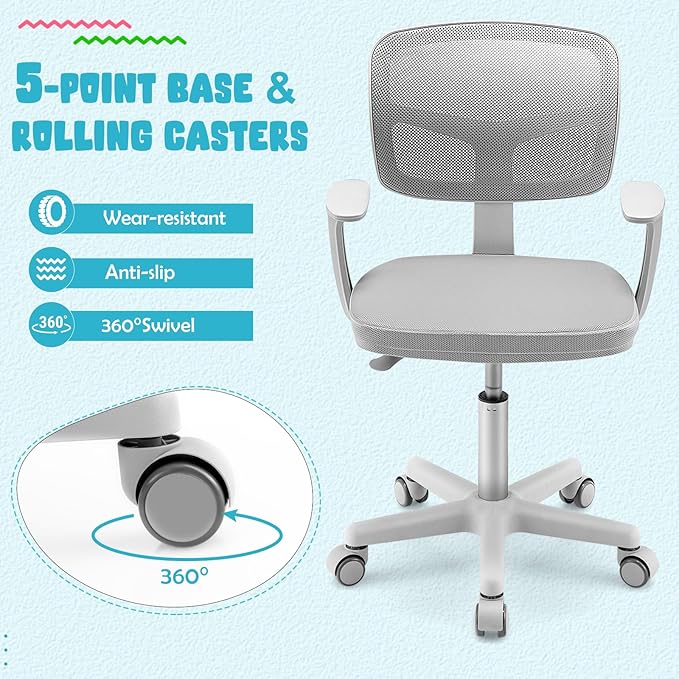 HONEY JOY Kids Desk Chair, Height Adjustable Children Study Chair, Swivel Mesh Task Student Chair, Universal Casters, Child Computer Desk Chair for Boys Girls Age 3-10 (Gray)