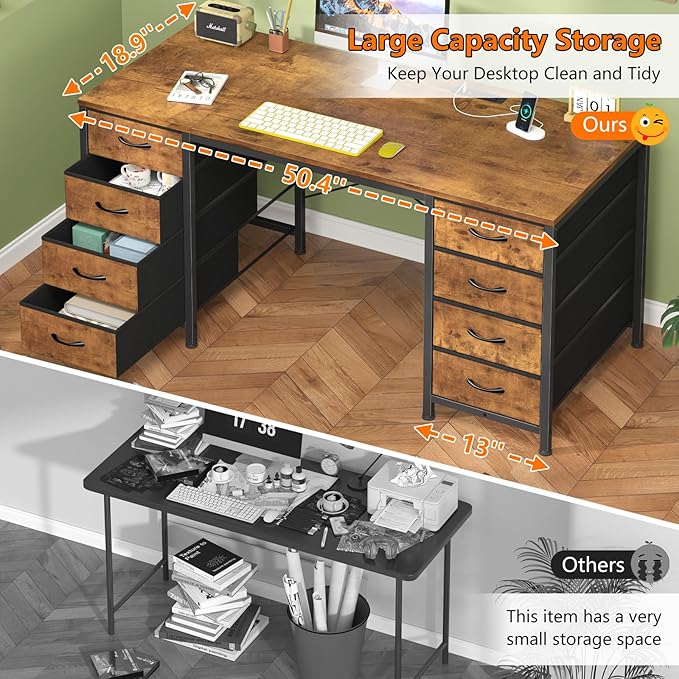 50 Inch Computer Desk with 8 Drawers, Home Office Desk with Power Outlets, Work Study Gaming Desk with 8 Fabric Drawers, Rustic Brown