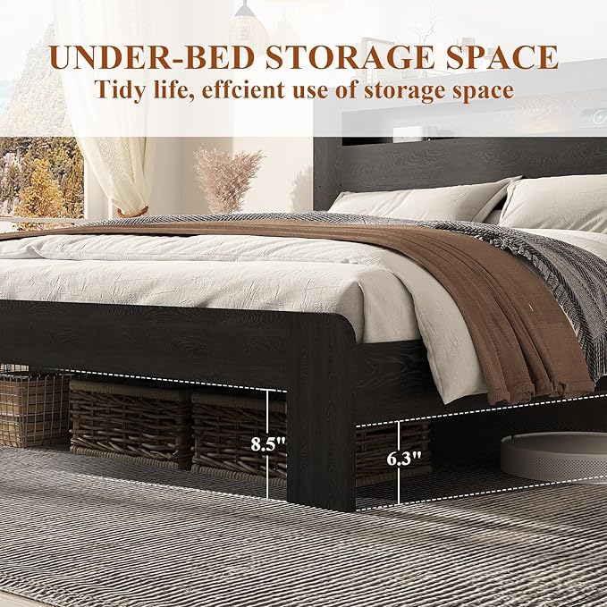 Wooden Bed Frame King Size with Storage Headboard - Farmhouse Platform Bed Frame with Bookcase Shelf & Led Lights, Sturdy Wood Slat Framework Bed Frame (Black LED)