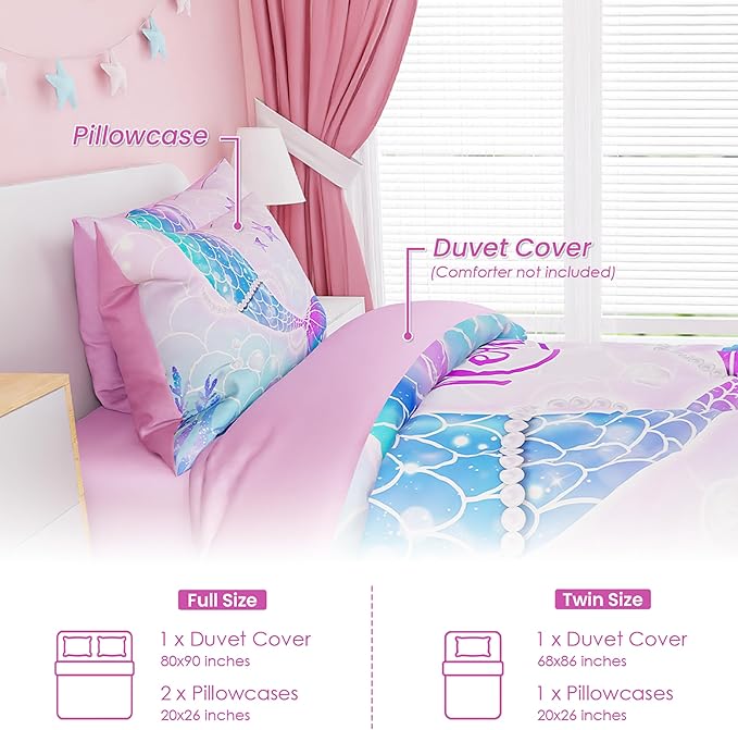 SANDJEST Mermaid Duvet Cover Sets Full Size for Kids Girls, Incude 1 Polyester Comforter Cover 80x90 Inches and 2 Pillowcases 20x26 Inches, Comforter Not Included, Gift for Christmas Birthday