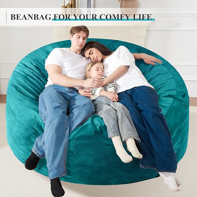 Homguava 6 FT Bean Bag Chair: 6' Bean Bags with Memory Foam Filled, Large Beanbag Chairs Soft Sofa with Dutch Velvet Cover-Sea Blue