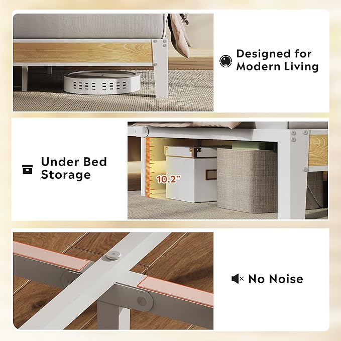 WLIVE King Size Upholstered Bed Frame with 2 Side Shelves, Linen Tufted Storage Headboard with Charging Ports and LED Light, Metal Solid and Stable, No Box Spring Needed, Easy Assembly, Beige