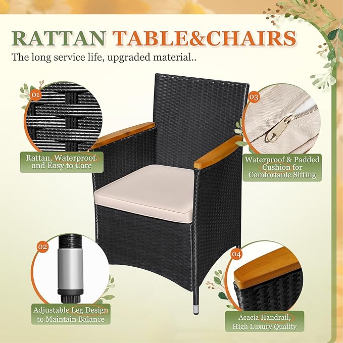 Greesum 5 Pieces Outdoor Patio Dining Set, Conversation Sets with 1 Table and 4 Rattan Chairs with Curved Acacia Wooden Armrests and Cushions, Black