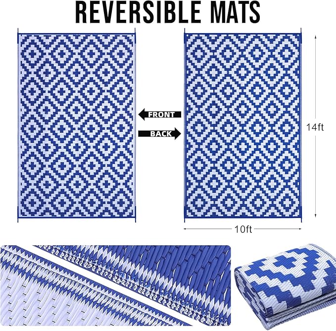 OLANLY Waterproof Outdoor Rug 10x14 ft, Outdoor Plastic Straw Rug for Camping, RV Mat Outside, Outdoor Carpet for Porch, Deck, Backyard, Balcony, Picnic, Blue & White