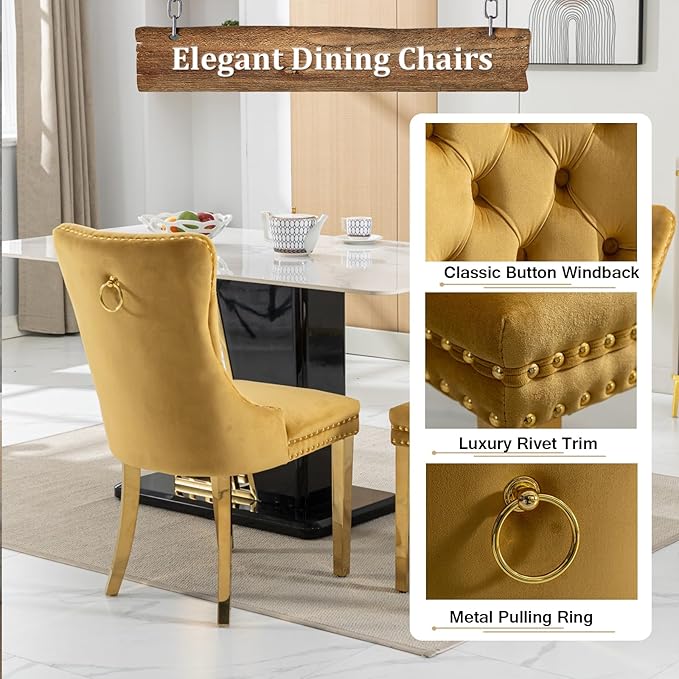 Goujxcy Glass Dining Table Set for 6, Modern Kitchen Table and Chairs Set of 6, 7-Piece Kitchen Dining Room Table Set w/61 Glass Gold Dining Table and 6 Yellow Velvet Upholstered Chairs