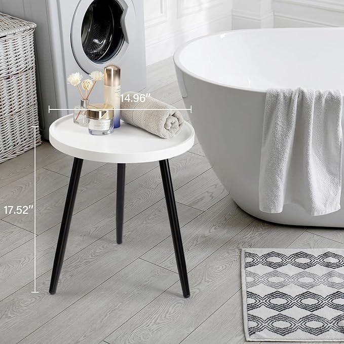 danpinera Round Side Table, Metal Legged Accent Table with Wooden Tray, Small Round End Table for Living Room, Bedroom, Nursery, White & Black