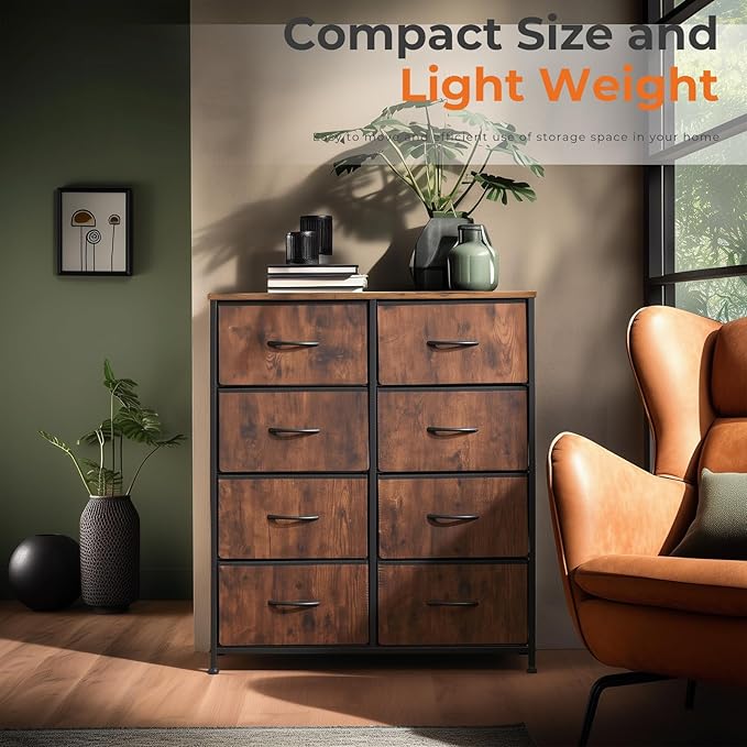 Sweetcrispy Dresser with 8 Drawers for Bedroom, Fabric Dresser Storage Tower, Chest of Drawers Organizer Unit, Storage Cabinet for Hallway, Closets, Steel Frame, Wood Top, Brown