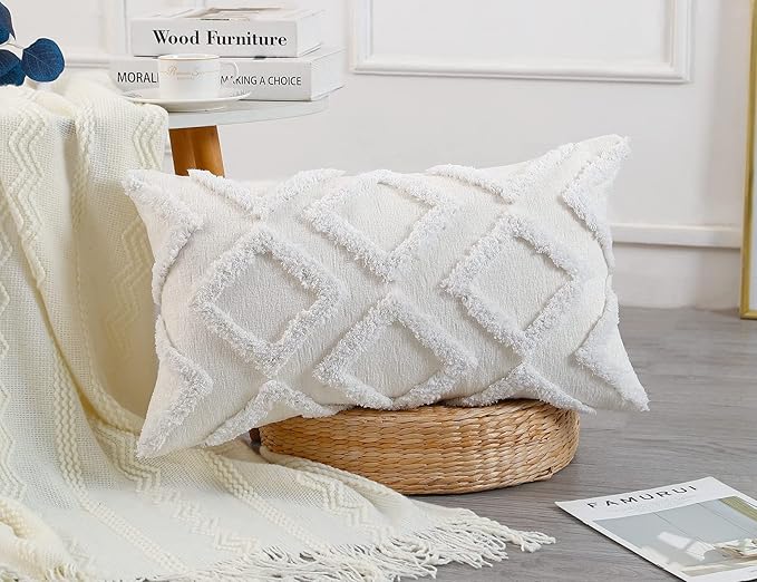 Diamond Pattern Long Pillow Covers 12 x 26,Plush Chenille Decorative Long Lumbar Pillow Case Pillow Covers Cushion Case for Sofa Couch Bed Livingroom Farmhouse,Modern Boho,Cream White