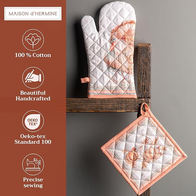Maison d' Hermine 100% Cotton Oven Mitt & Pot Holder Set (7.5"x13" & 8"x8") Heat Resistant BBQ Cooking Gloves with Loop for Thanksgiving Christmas Decorations Handling Hot Pans (Giving Thanks)