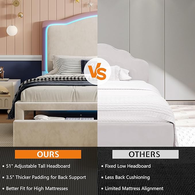Jocisland Full Bed Frame with 51" Tall & Thick Adjustable Headboard, Storage Drawers, RGB LED Lights, No Box Spring Needed, Velvet Upholstered, Cream