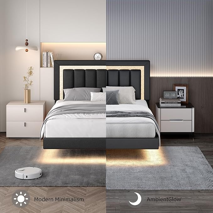 HOMBCK Floating Bed Frame Full with Smart LED Lights, Faux Leather Upholstered Bed Frame Full with Diamond Headboard, No Box Spring Needed, Noise Free, Easy Assembly, Black