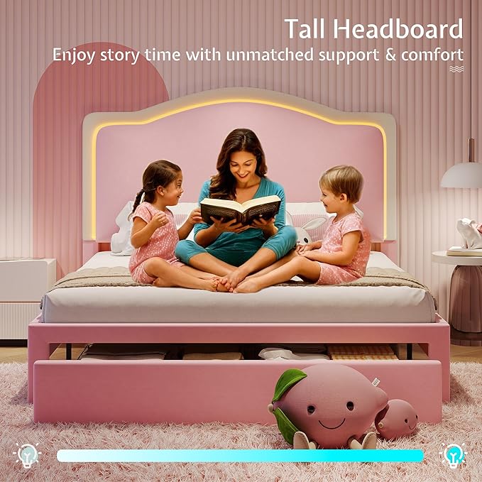 Jocisland Twin Bed Frame with 51" Tall & Thick Adjustable Headboard, Storage Drawer, RGB LED Lights, No Box Spring Needed, Velvet Upholstered, Pink