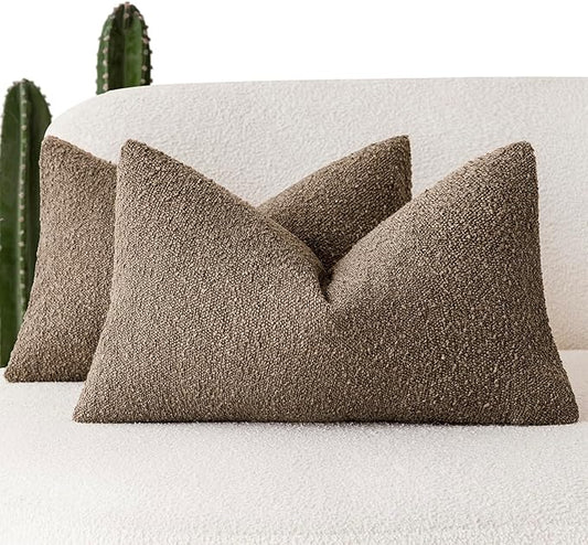 Foindtower Pack of 2 Textured Boucle Throw Pillow Covers Accent Solid Decorative Lumbar Pillow Cases Cozy Soft Couch Cushion Case for Chair Sofa Bedroom Living Room Home Decor 12x20 Inch Light Brown