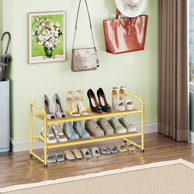 SUFAUY Shoe Rack for Closet, 33" Wide Metal Shoe Rack Organizer Heavy Duty, 2-Tier Mesh for Shoes, Gold