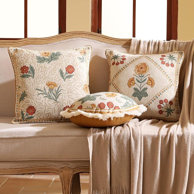 patdrea Designer Throw Pillow Covers for Couch 18"x18",Vintage French Linen Pillows Cover with Daisy Floral Pattern,Beige Soft Farmhouse Decorative Square Cushion for Bed,Living Room,Set of 2