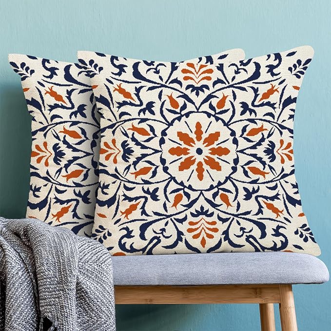 Navy Blue Orange Boho Pillow Covers 18x18 Set of 2, Bohemian Ethnic Carpet Pattern Design Decorative Throw Pillows Linen Blue Print Farmhouse Cushion Pillow Covers for Sofa Couch Outdoor Decor