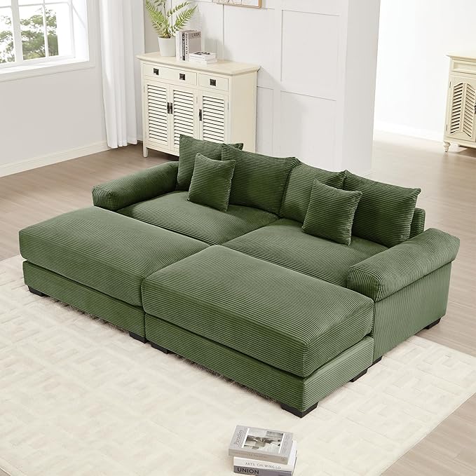 KEIKI 83" Oversized Corduroy Modular Sectional Loveseat Sofa with 2 Ottoman, High-Density Foam Cushion, Extra-Thick Armrest, Modern 2-Seater Fluffy Corner Couch with 6 Pillow, for Living Room, Green