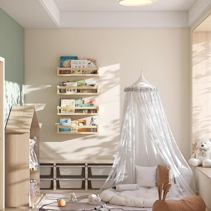 Onlysky Set of 4 Wall-Mounted Kid's Bookshelf - Wood Floating Nursery Book Shelves - Durable Wood Construction - Ideal for Nursery Decor, Kids Room, Toy Storage